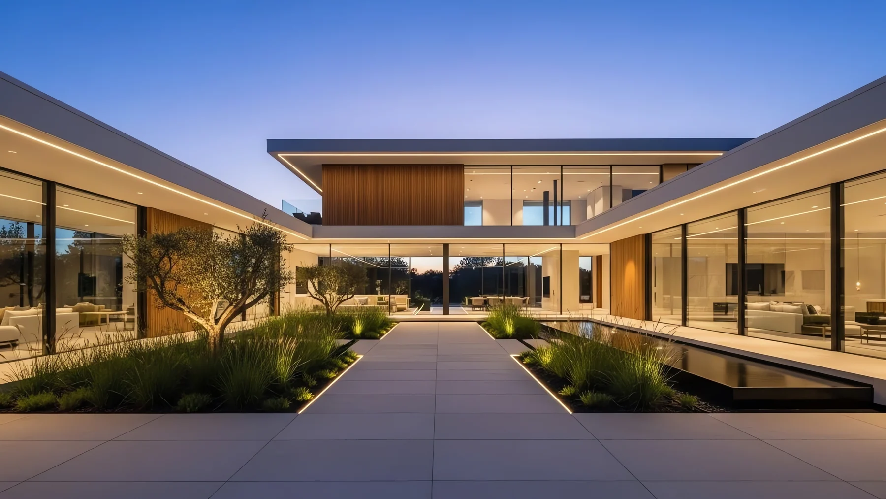 Modern luxury courtyard illuminated at dusk